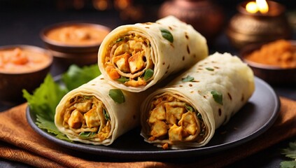 selective focus of Indian food "Paneer Roll" or "paneer kathi roll".
