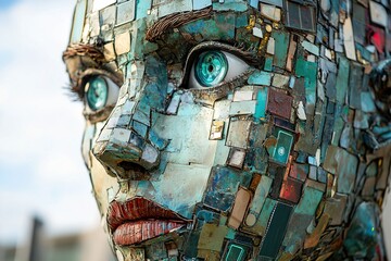 Obraz premium Recycled Material Mosaic Woman Head Sculpture