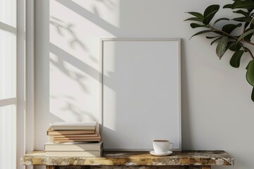 Wooden frame mockups on vintage bench with coffee cup.