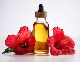 nuture Hibiscus oil bottle in the white background studio shot 