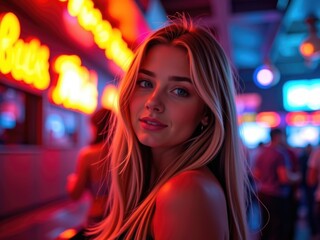 Beautiful Woman in Neon City Lights Night Portrait