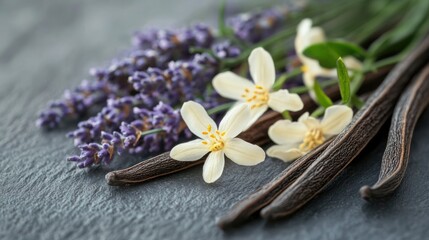 Naklejka premium Fresh Vanilla Flowers and Lavender on Slate Surface