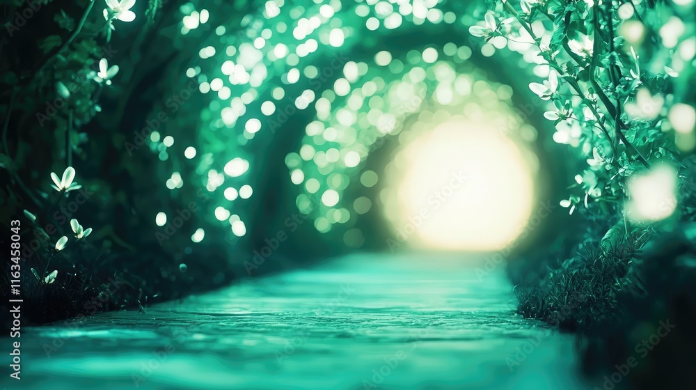 Poster mystical flora idea. a mesmerizing path illuminated by glowing lights in a tranquil forest setting.