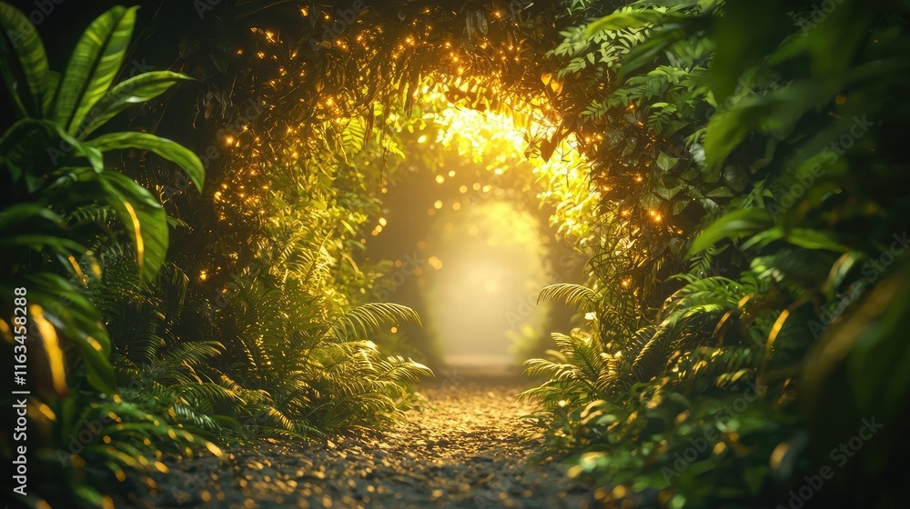 Poster mystical vegetation idea. a magical forest path illuminated by soft light and surrounded by lush gre