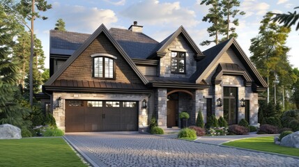 Naklejka premium Modern American house with two car garage, AI generated image
