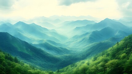 Naklejka premium Misty Mountains Verdant Lush Green Landscape