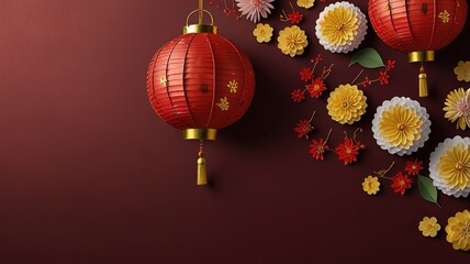 Obraz premium Chinese new year festival, Top view flat lay lunar new year or Happy Chinese new year decorations celebration with copy space on the background