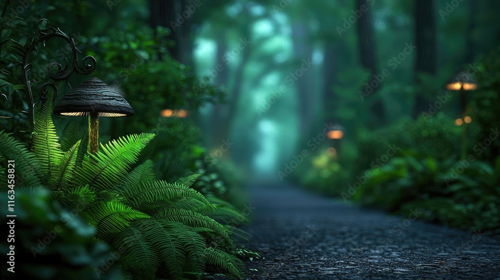 Poster mystical greenery concept. a serene forest pathway illuminated by soft lantern light, surrounded by 