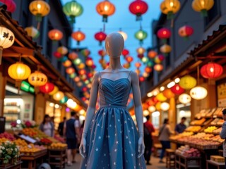 Obraz premium Fashion Mannequin in Asian Night Market Lanterns Dress