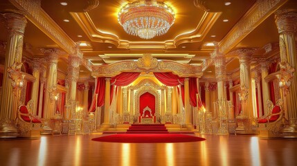 Luxurious golden throne room with red carpet and curtains.