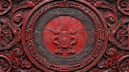 Intricate Red Chinese Carving Auspicious Symbols Circular Frame Asian Art Antique Design 8k Texture