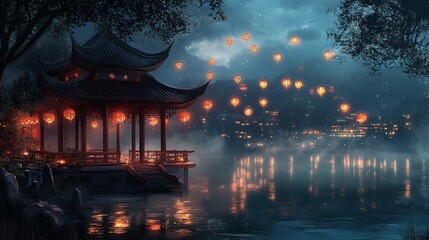 A Peaceful Chinese Pavilion Illuminated by Glowing Lanterns at Night