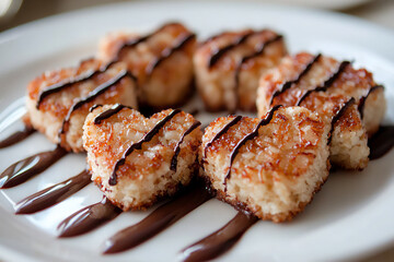  heart-shaped coconut macaroons with chocolate drizzle