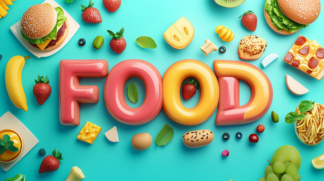 Delicious food items arranged around word FOOD in vibrant colors, showcasing variety of fruits, snacks, and meals, creating playful and appetizing scene