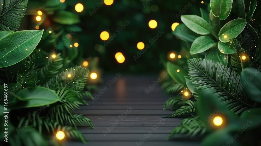 Poster mystical vegetation idea. serene pathway surrounded by lush greenery and glowing lights creating a m