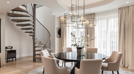 A modern and elegant dining room with a round wooden table, beige upholstered chairs, a spiral staircase, and a large chandelier with multiple pendant lights