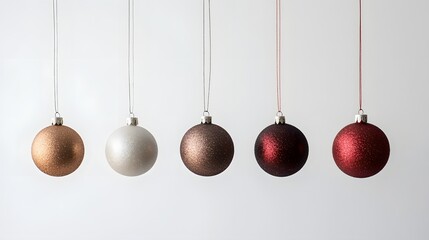 Five Glittery Christmas Ornaments Hang Against White Background