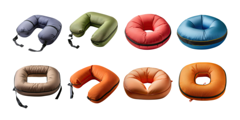 Colorful Travel Neck Pillows on Transparent Background