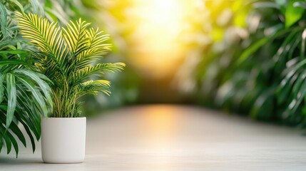 Fototapeta premium Mystical vegetation idea. Vibrant green plant in a white pot, surrounded by lush foliage and warm sunlight.