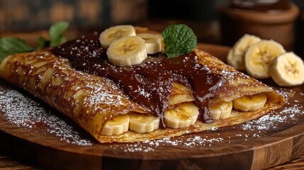 A delicious banana crepe topped with chocolate sauce and powdered sugar on a wooden plate.