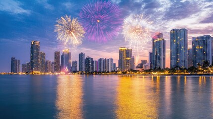 Fototapeta premium Nighttime Skyline with Vibrant Fireworks Over City Waterfront