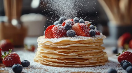 A stack of pancakes topped with strawberries and blueberries, dusted with powdered sugar.