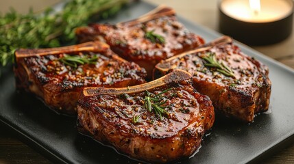 Grilled pork chops garnished with herbs on a plate, perfect for a delicious meal.