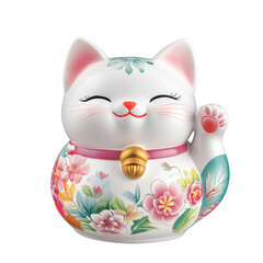 Charming Maneki-Neko Figurine: A delightful porcelain Maneki-neko cat figurine, adorned with vibrant floral patterns and a cheerful expression.