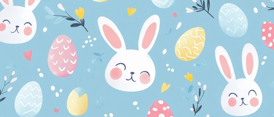 Cute Easter Bunny and Egg Pattern with Floral Elements on Blue Background
