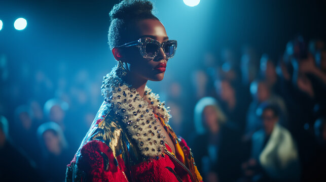 Fashionable model in bold attire at a vibrant runway event