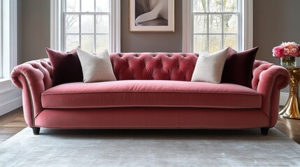 A stylish pink velvet sofa with decorative pillows in a well-lit room.