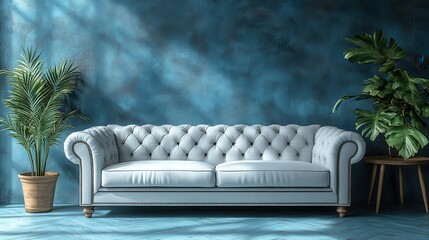 Obraz premium A stylish, tufted white sofa against a textured blue wall, complemented by a potted plant.