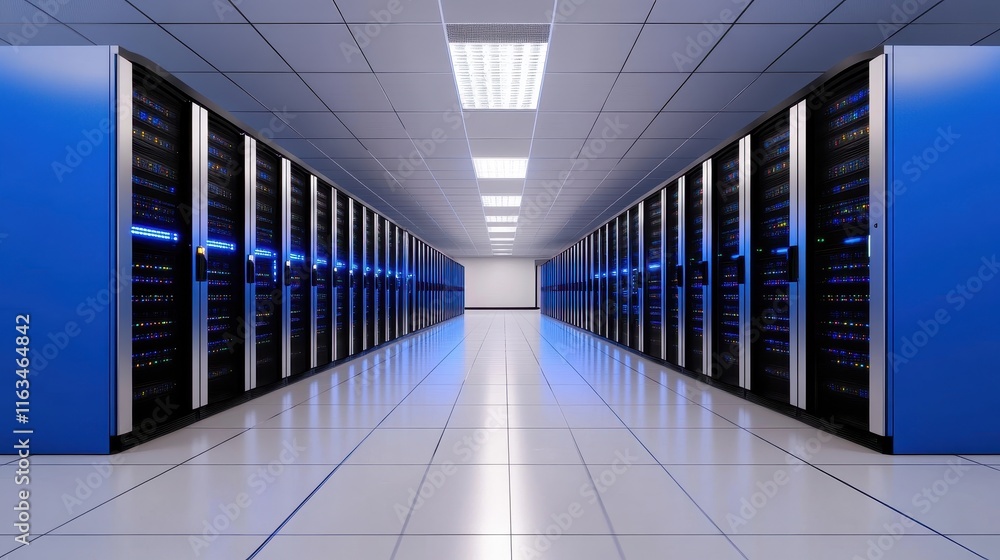 Poster data center operations server room digital infrastructure high-tech environment wide-angle view mode