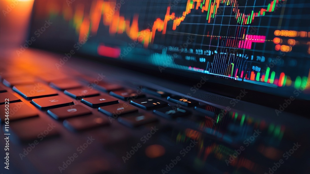 Poster close-up of laptop keyboard with financial graphs on screen