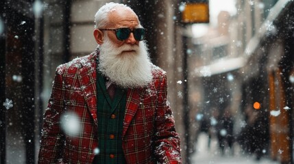 A stylish elderly man walks through a snowy street, wearing sunglasses and a festive outfit in a winter wonderland.