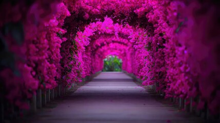 Fototapeta premium Mystical flora idea. Vibrant pink bougainvillea flowers create a stunning pathway in a serene garden.