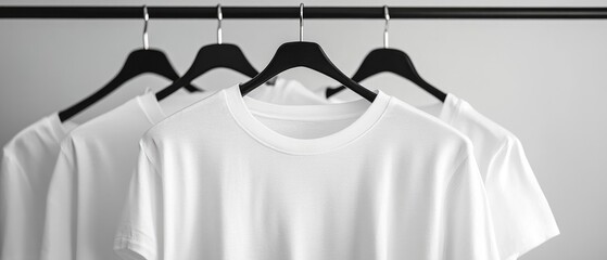Minimalist White T-Shirts on Black Hangers: Modern Fashion Basics Display