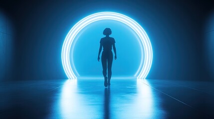 Obraz premium Silhouette of a Woman Walking Towards a Glowing Neon Circle Portal in a Futuristic Setting