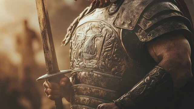 Close-up of the armor of an ancient Roman warrior holding a sword in his hand