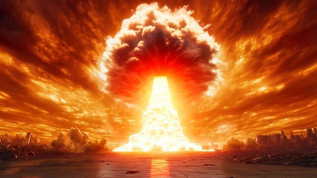 Massive nuclear mushroom explosion over a destroyed city. Concept of mass destruction bombs