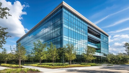 Obraz premium Modern Glass Office Building Design: Architecture, Reflecting Sky, Urban Landscape, Green Spaces, Sustainable Design, Commercial Real Estate