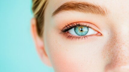 Obraz premium Close-Up of a Blue Eye with Natural Makeup and Freckles Against a Soft Blue Background