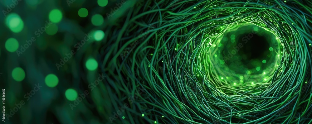 Poster mystical greenery concept. an abstract representation of green fibers symbolizing nature and interco