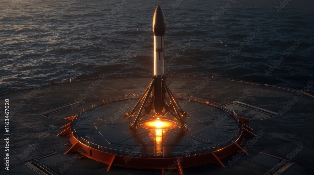 Poster rocket launch action ocean platform technology image sunset environment aerial view space exploratio