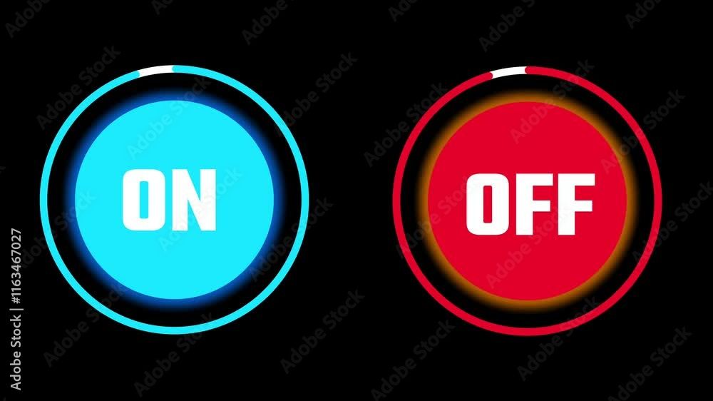 Poster animation of pair of circular buttons labeled on in blue and off in red, set against a black backgro