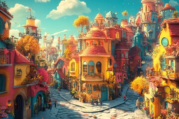 Fototapeta premium A whimsical autumnal town street scene with colorful buildings