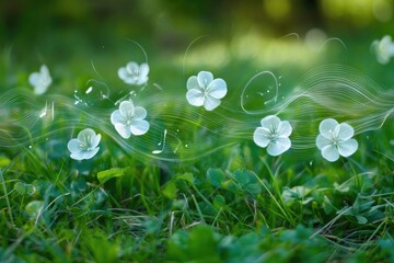 Enchanting Melody: Flowers on Lush Green Grass with Musical Waves