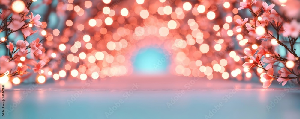 Poster mystical flora idea. elegant cherry blossom pathway adorned with soft bokeh lights creating a serene