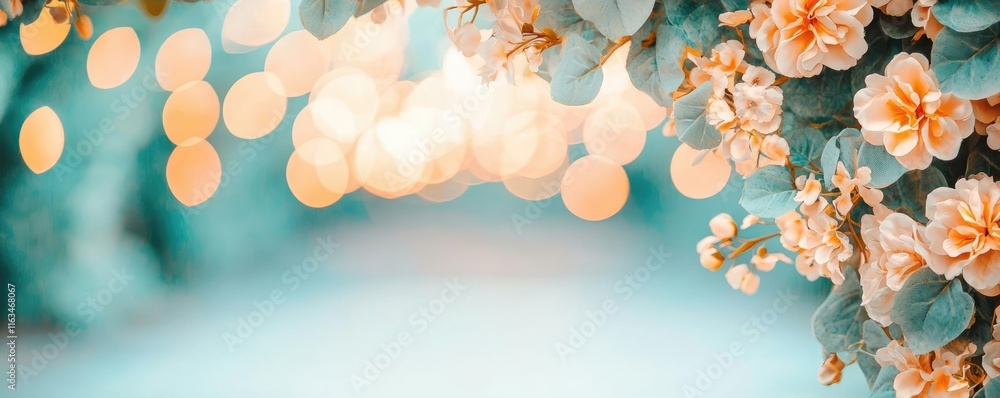 Poster mystical greenery concept. a beautiful floral arrangement with soft bokeh lights, creating a serene 