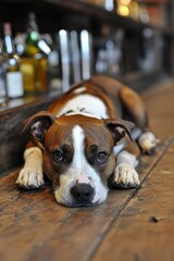 Relaxed Dog on Wooden Floor in Cozy Pub Setting